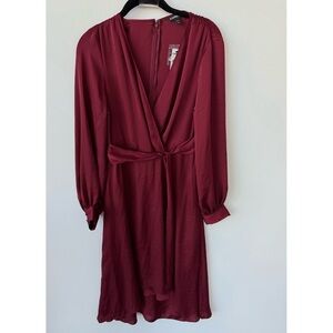 NWT Express Satin Burgundy Wrap Long Sleeve Midi Dress size small